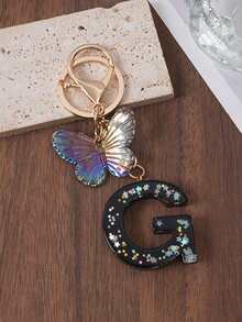1pc A-Z Black Glitter Letter & Butterfly Keychain, Initial Resin Keyring, Holographic Butterfly Bag Charm, Car Key Accessory, Fashion Aesthetic Gift For Girls - Black - View 8