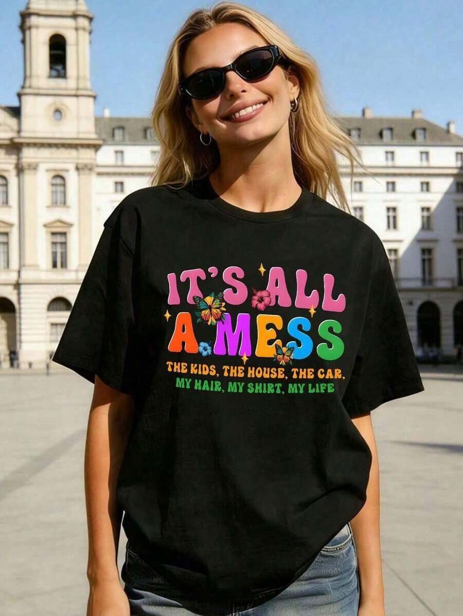 Edición Limitada: Camiseta Gráfica Divertida Todo un Desastre para Mujer, Estampado Retro de Mariposasíris, Corte Holgado, Manga Corta, Cuello Redondo, Camiseta Casual de Algodón, Tallas Grandes para Uso Diario, Ropa de Moda Mexicana para Mujer, Algodón Ligero - Negro - Ver 1