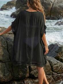 Vestido Playa Holgado para Mujer con Encaje Macramé y Cordón, Colores Azul, Negro y Blanco, Ideal para Verano - Negro - Ver 3