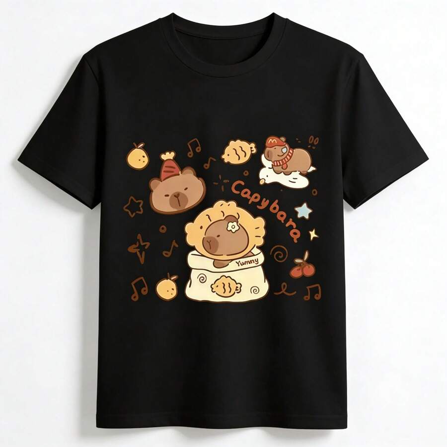 Tops para mujer Casual de Algodón para Mujer con Estampado de Capibara, Manga Corta y Cuello Redondo - Negro - Ver 1