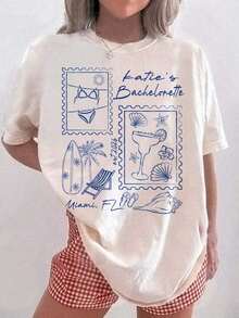 Camiseta de Mujer con Estampado Retro de Miami Bachelorette, Cómoda y Transpirable, de Algodón Puro, Manga Corta, Cuello Redondo, Corte Holgado, Estilo Casual Urbano, Camiseta Beige de Tela Suave con Estampado de Playa y Gráfico de Cóctel para Uso Diario - Blanco - Ver 6