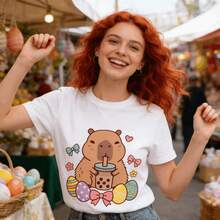Tops para mujer Casual Negra para Mujer con Estampado de Capibara y Huevo de Pascua, Corte Regular, Manga Corta, de Algodón - Blanco - Ver 6