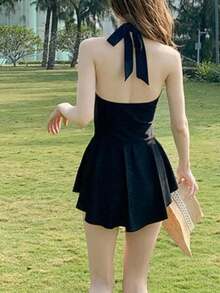 2026Traje de baño de mujer de estilo falda conservador para cubrir el vientre y verse delgada, nueva moda para vacaciones de verano en la playa 2026- - Negro - Ver 3