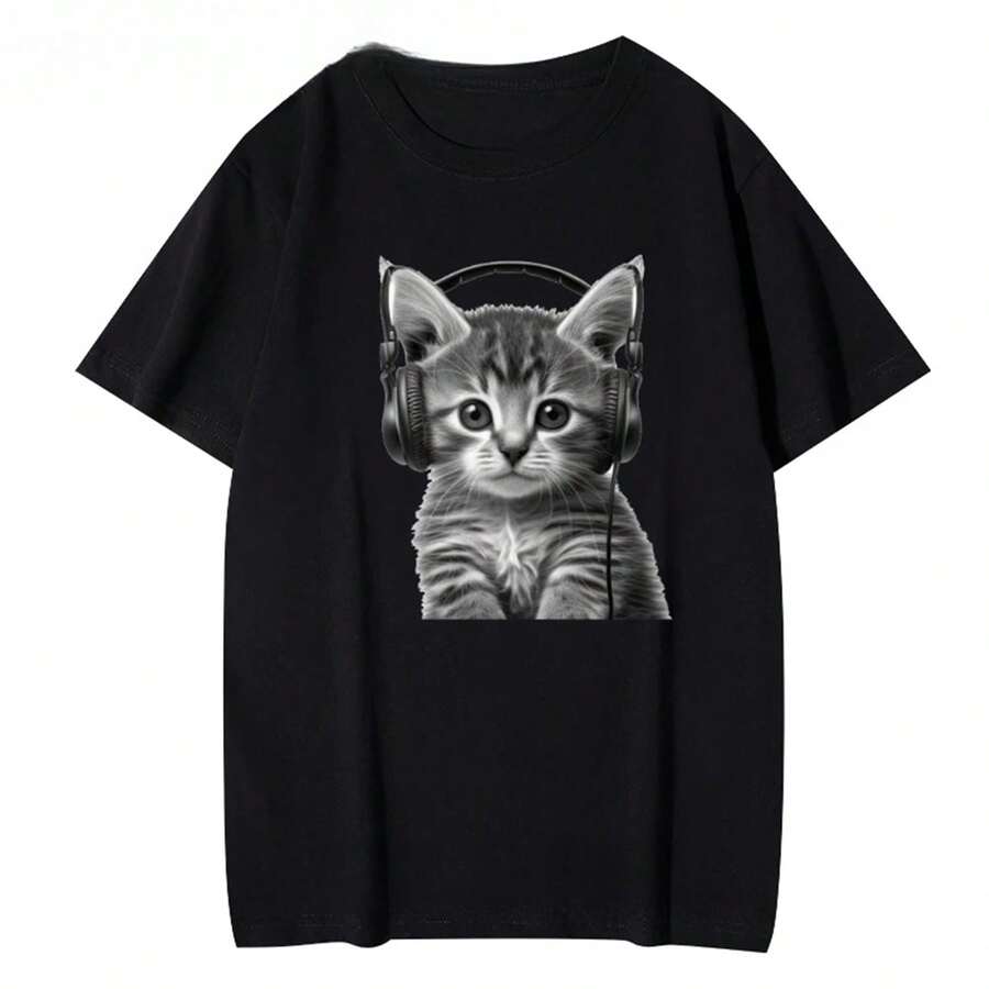Camiseta de manga corta con cuello redondo y estampado de gatito DJ para mujer, corte casual y ajuste regular, ideal para el día a día. - Negro - Ver 1