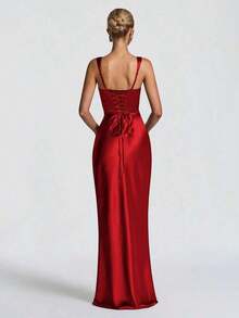 Vestidos elegantes Glamrae - Vestido de satén elegante con cintura ajustada y cordones, vestido largo para fiesta de Halloween, vestido formal de cóctel para banquete, vestido de fiesta de Navidad, vestido de boda de San Valentín, Vestidos Elitara - Rojo - Ver 2