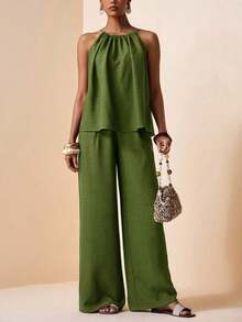Conjunto de 2 piezas de top holgado con cuello de halter y pliegues + pantalones anchos con pliegues y bolsillos reales, de tela con textura de bambú, color marrón oscuro. Conjunto de primavera/verano, conjunto de fiesta, conjunto para ir al trabajo, conjunto elegante, conjunto casual, conjunto de vacaciones para mujer. - Verde militar - Ver 1