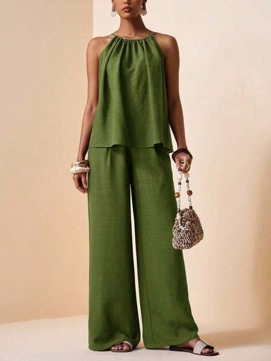 Conjunto de 2 piezas de top holgado con cuello de halter y pliegues + pantalones anchos con pliegues y bolsillos reales, de tela con textura de bambú, color marrón oscuro. Conjunto de primavera/verano, conjunto de fiesta, conjunto para ir al trabajo, conjunto elegante, conjunto casual, conjunto de vacaciones para mujer. - Verde militar - Ver 1
