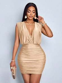 Vestido corto de punto con pliegues y cuello en V profundo sin mangas de unicolor, elegante y casual para uso diario, nuevo estilo. Vestido ajustado con pliegues de tela de punto para verano, ideal para Hawái, fiestas del té, estilo bohemio para la playa, conciertos, vacaciones tropicales. - Caqui - Ver 6