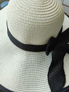 Customized Large Brim Straw Hat, Can Add Text, Name, Or Phrase Heat-Pressed On Detachable Bow, 2-Way Wear, Fashion Accessory Suitable For Street, Beach, Camping, Travel, Sightseeing, Personalized Summer Sun Hat, Great Gift For Mom Or Girlfriend - Multicolor - View 12