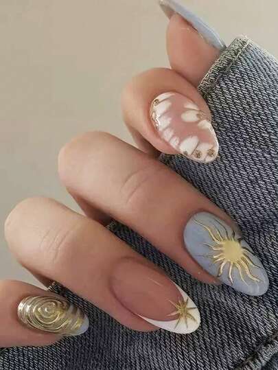 24 pezzi di punte per unghie acriliche a forma di mandorla di media grandezza, con disegno francese blu puntato con glitter dorati, motivo a sole e stelle, stile minimalista, adatto per uso quotidiano di donne e ragazze, stile da vacanza in Medio Oriente