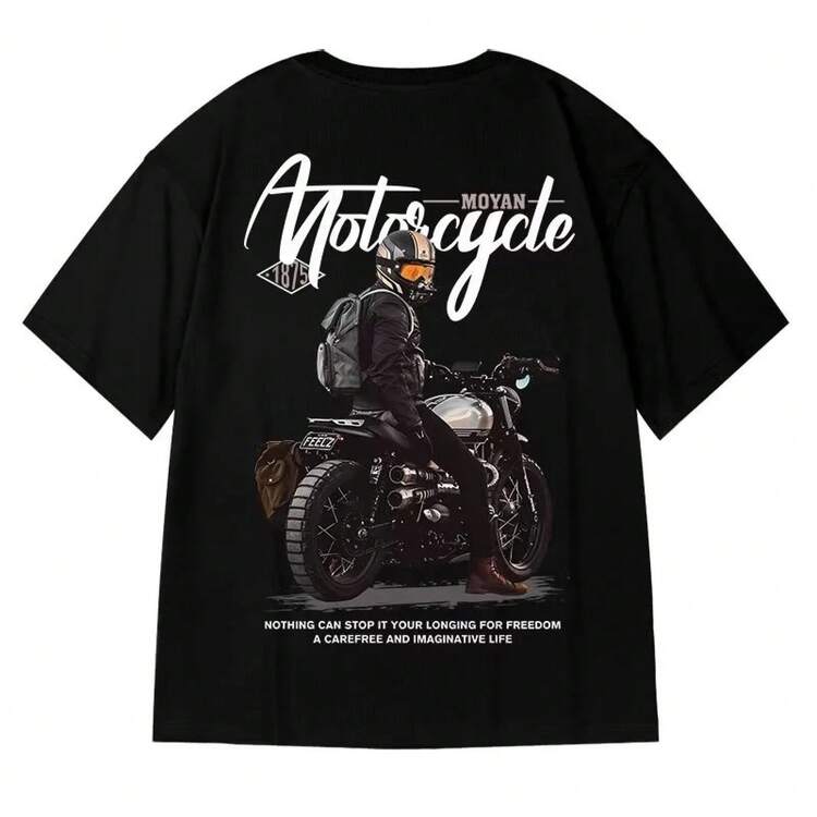 Camiseta Casual para Hombre Talla 8XL, Camiseta para Estudiantes Adolescentes, Estilo Americano Vintage con Estampado de Motocicleta, Camiseta Holgada de Talla Grande - Negro - Añade 1