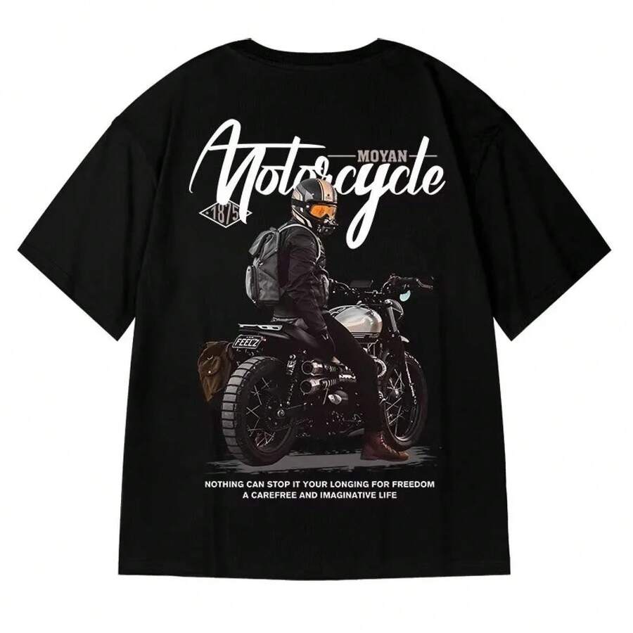 Casual T-Shirt Size 8XL, Student Teen T-Shirt, Vintage American Style With Motorcycle Print, Plus Size Loose Fit T-Shirt - 黑色 - 查看 1