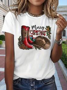 Camiseta gráfica de botas vaqueras de vaquera occidental con estampado de leopardo navideño festivo, elegante camisa casual de manga corta y cuello redondo, adecuada para cualquier temporada, ropa de mujer - Blanco - Ver 8