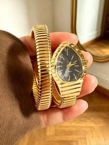 1pc Women's Minimalist Fashion Luxury Snake-Shaped Quartz Watch, Water Drop Oval Dial, Snake Bracelet Watch, Stainless Steel Elastic Band, Pointer Wristwatch, Fashion Snake Design Dress Watch, Suitable For Daily, Party And Evening Wear, Office Matching, Eid Gift, Birthday Gift - Black - View 1