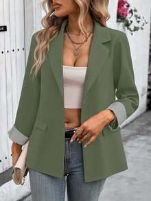 Clasi Chaqueta ligera de estilo casual de negocios para mujer, con cuello de solapa, apta para el lugar de trabajo, de unicolor, para primavera/otoño - Verde Oliva - Ver 6