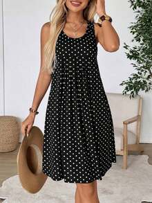 Vestido corto de verano para mujer de unicolor simple, cuello redondo, plisado y sin mangas - Negro - Ver 1
