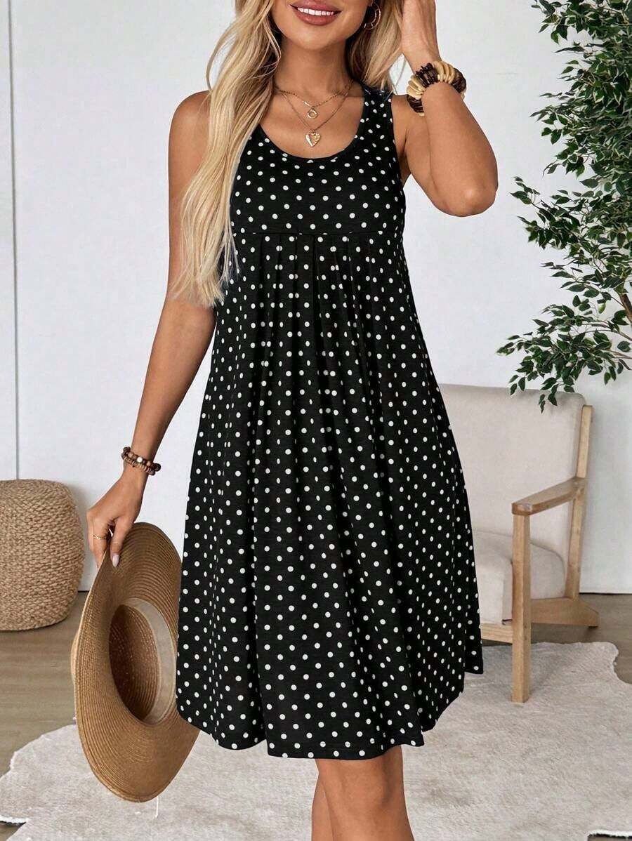 Vestido corto de verano para mujer de unicolor simple, cuello redondo, plisado y sin mangas - Negro - Ver 1