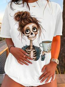 Camiseta de mujer de cuello redondo de manga corta con estampado de calavera, camiseta gráfica de verano para mujerPure-Cotton - Blanco - Ver 5