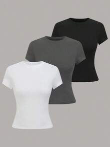 Camiseta casual de mujer de manga corta de unicolor, versátil - Multicolor 2 - Ver 1