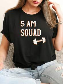Camiseta Casual de Mujer Talla Grande, Estilo Breezy Chic, Estampado de Letras - Cuello Redondo, Manga Corta, Modrimavera-Verano - Negro - Ver 2