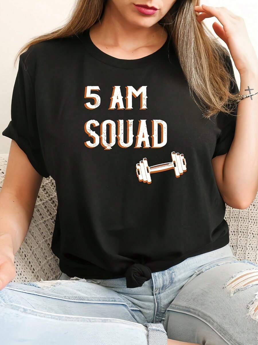 Camiseta Casual de Mujer Talla Grande, Estilo Breezy Chic, Estampado de Letras - Cuello Redondo, Manga Corta, Modrimavera-Verano