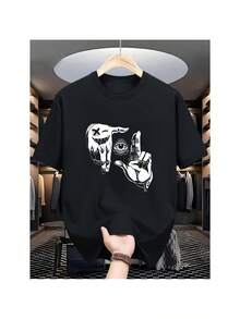Unisex Pure Cotton T-Shirt, Men's And Women's Minimalist Face Design, Unisex, 100% Cotton, Soft, All-Season Casual Streetwear, Essential, All-Match, Year-Round Style, Affordable, Everyday Wear And Perfect Gift For Fans And Friends, Summer T-Shirt, Summer Clothes For Women, Men's Summer Outfit, Women's Shirt, Creative Design, Outdoor Play, Cool Style, Fun Design, Great For Outdoor Play - Black - View 5