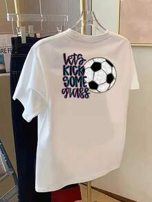 Short-Sleeved T-Shirt With Front And Back Print, Football Motif, "Kicking Glass", One-Piece Casual T-Shirt For Women, Casual Round Neck And Short-Sleeved Top, For Summer And Spring, Women's Clothing. - White - View 2