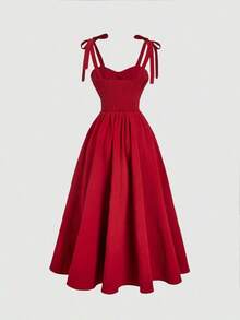 Vestido de verano de mujer con tirantes anudados y estampado floral romántico - Rojo - Ver 4