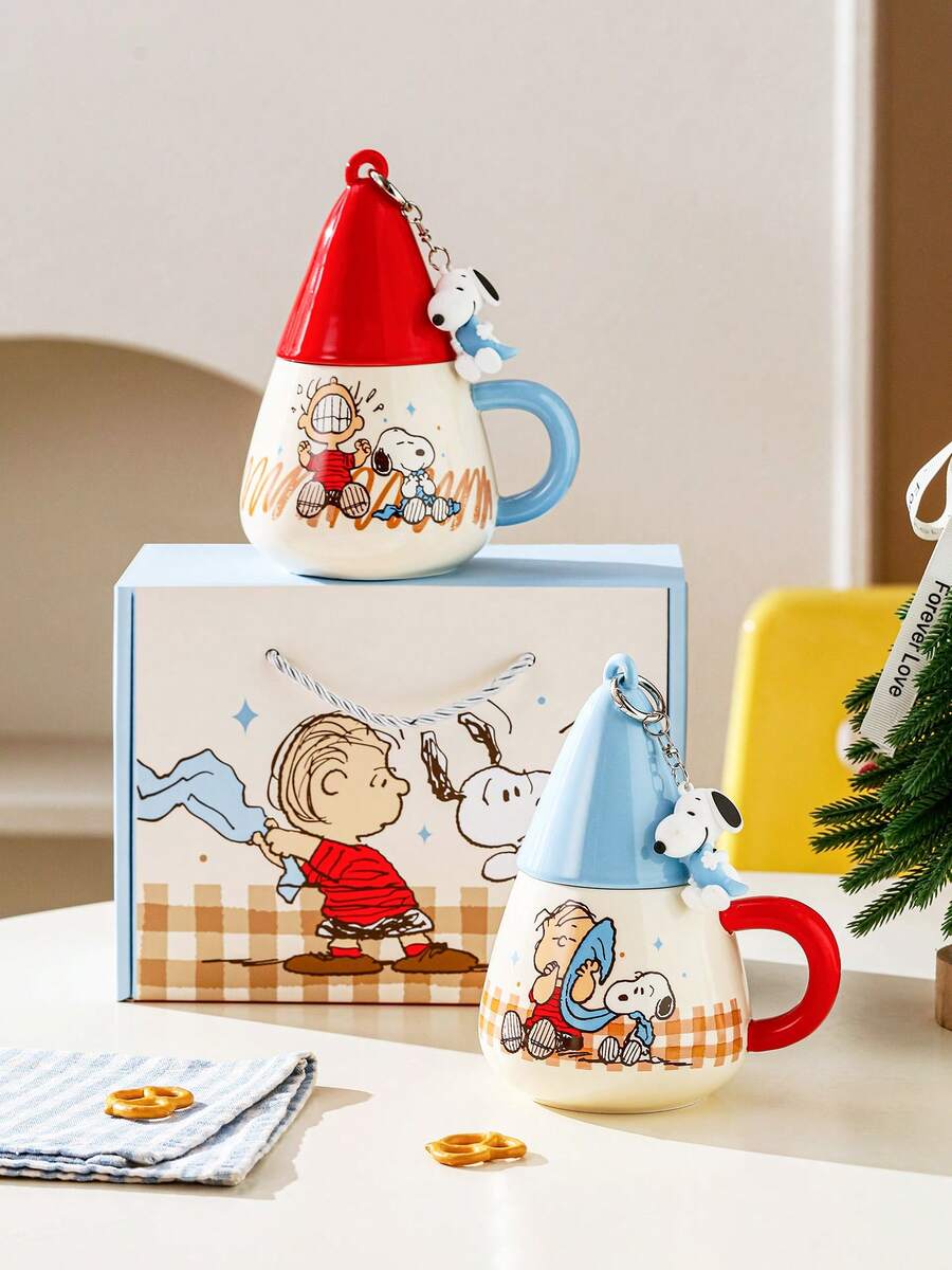 SNOOPY 史努比主题陶瓷马克杯,带盖、钥匙扣和礼盒,可爱卡通杯,是生日和节日礼物的理想之选 - 彩色 - 查看 1