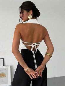 negra ajustada de estilo casual y elegante para la temporada de primavera/verano, con cuello asimétrico, sin mangas, escote halter, espalda descubierta y decoración de lazo - Blanco - Ver 5