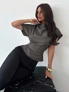 Blusa de bambú y lino con cuello arrugado, mangas asimétricas, plisado lateral y cintura ceñida, para uso diario, color albaricoque, para todas las estaciones - Gris - Ver 6