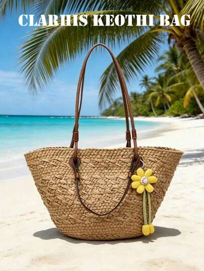 This Fresh Floral-Decorated Straw Tote Bag With A PU Shoulder Strap Is A Must-Have Large-Capacity Bag For Students And Office Workers On Summer Beach Trips.