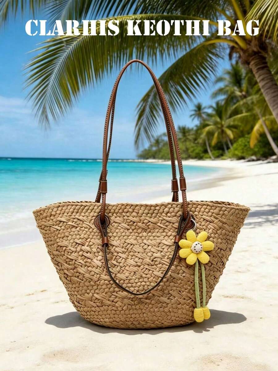 This Fresh Floral-Decorated Straw Tote Bag With A PU Shoulder Strap Is A Must-Have Large-Capacity Bag For Students And Office Workers On Summer Beach Trips. - Brown - View 1