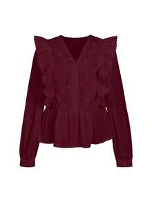ii Blusa de manga larga con volantes, parches de encaje y unicolor casual blanca para primavera - Burdeos - Ver 4
