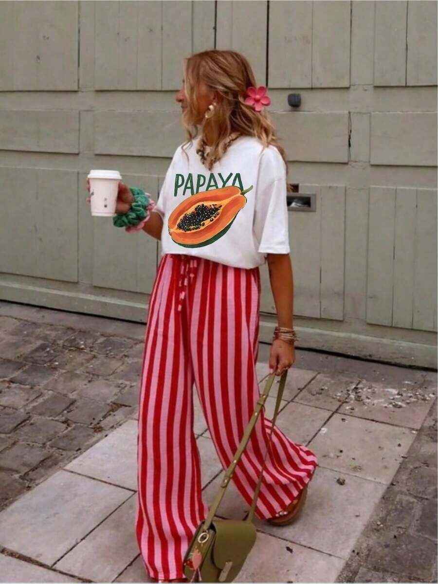 Summer Style Off-Shoulder Printed T-Shirt, Versatile And Stylish For Beach Vacations, Machine Washable, Casual Holiday Top, Streetwear And Sportswear | Clothing For Juneteenth, Father's Day And 4th Of July, Women's T-Shirts For Vacation And Office, Comfortable - 白色 - 查看 1