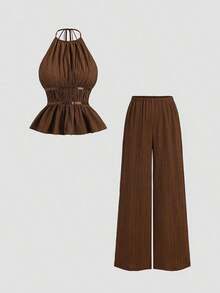 Conjunto de 2 piezas estilo francés relajado con camiseta sin mangas de cintura ceñida y pantalón ancho de pierna holgada, un conjunto de moda para mujeres - Café integral - Ver 9