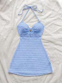 Vestido mini con textura, escote en V, decoración de estrella de mar metálica, cuello con lazo, espalda descubierta, ideal para vacaciones, citas, té de la tarde, días festivos, festivales de música, estilo bohemio - Azul 3 - Ver 4