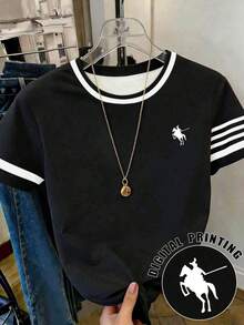 Blusa casual de cuello redondo con patrón de volantes y lazo asimétrico de color contrastante, adecuada para uso diario casual - Negro - Ver 1