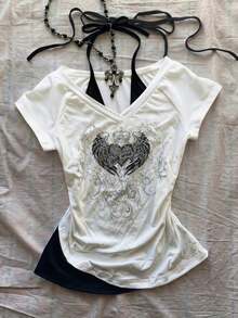 Camiseta de mujer casual de cuello en V retro, con atar, de manga corta y contraste de color, adecuada para el verano - Blanco 3 - Ver 11
