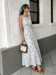 Vestido maxi a cuadros marrones 2026 para mujer, con tirantes de lazo y cintura fruncida con volantes, estilo minimalista casual y perfecto para vacaciones y uso diario - Multicolor 4 - Ver 3