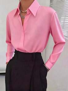 Camisa casual suelta de botones de unicolor con hombros caídos, manga larga para primavera - Rosa - Ver 1