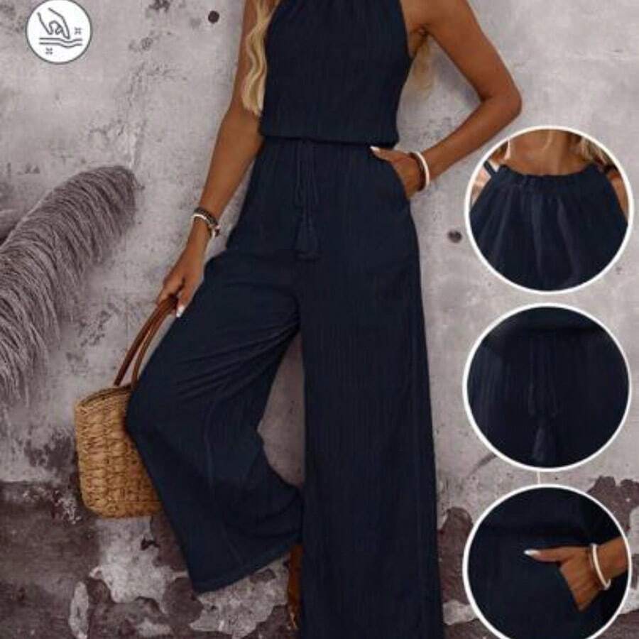 Summer Vacation Casual Solid Color Halter Jumpsuit - Azul - Ver 1