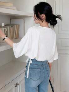 Camiseta de hombros caídos con cordón en el bajo, estilo preppy - Blanco - Ver 2