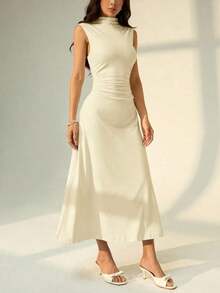 Vestido maxi de línea A con cuello mao, sin mangas, fruncido, color blanco, nuevo para el Día de San Valentín.Elegante y romántico atuendo para citas y trabajo, vestidos de verano para mujer - Amarillo claro - Ver 6