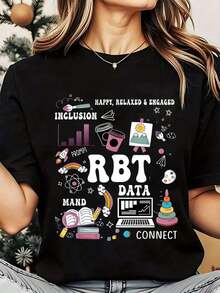 Women T Shirt RBT Data Inclusion MAND Connect Happy Relaxed Engaged Graphic Print Round Neck Casual Daily Wear Soft Comfortable Holiday 220g Womens Blouses Shirt - Black - View 7