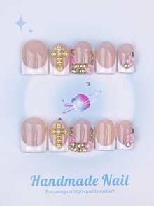 10PCS - Press On Nails, Square Shape, 100% Handmade, Y2K Style, Sturdy Quality, Reusable. White Color, French Style, 3D Design. Suitable For Daily Wear, Parties, And Also The Best Holiday Gift For Girls And Women. - White - View 1