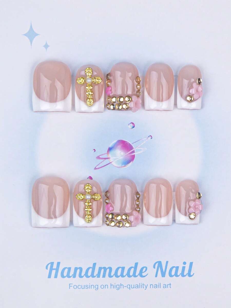 10PCS - Press On Nails, Square Shape, 100% Handmade, Y2K Style, Sturdy Quality, Reusable. White Color, French Style, 3D Design. Suitable For Daily Wear, Parties, And Also The Best Holiday Gift For Girls And Women. - White - View 1