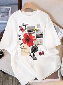 Camiseta Casual de Mujer de Punto con Manga Corta, Hombros Caídos y Cuello Redondo de Longitud Regular CWS2 - Blanco - Ver 2