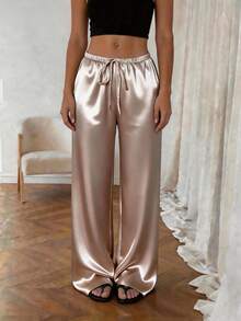1pc Solid Color Drawstring Pocket Pants, Suitable For Home, Daily Wear, Holidays, Singles Party, Satin, All Seasons Spring - Apricot - View 6