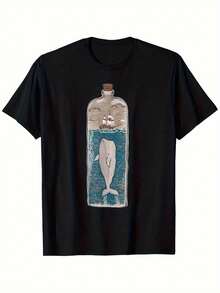 Camiseta Casual de Algodón para Hombre con Diseño de Ballena, Barco Náutico y Olas del Océano - 100% Algodón, Elástica, Cuello Redondo, Manga Corta, Tallas S-2XL, Lavable a Máquina, Comodidad para Todas las Temporadas - Negro - Ver 7